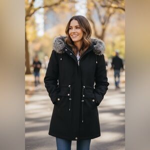 Laundry Shelli Segal Black Wool Blend Mid Length Warm Coat Faux Fur Hood Size 6